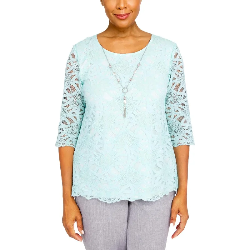 Alfred Dunner Womens Petites   Lace Eyelet Blouse Satin Long Blouse