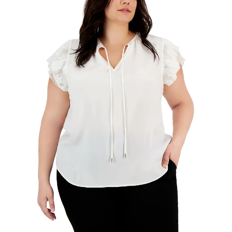 Anne Klein Womens Plus Tie Neck Mesh Blouse Elegant Office Blouse
