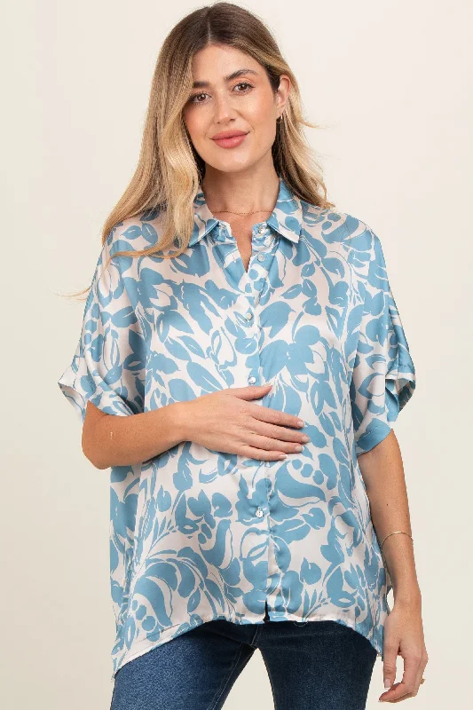 Aqua Floral Button Down Maternity Blouse Modern Oversized Blouse