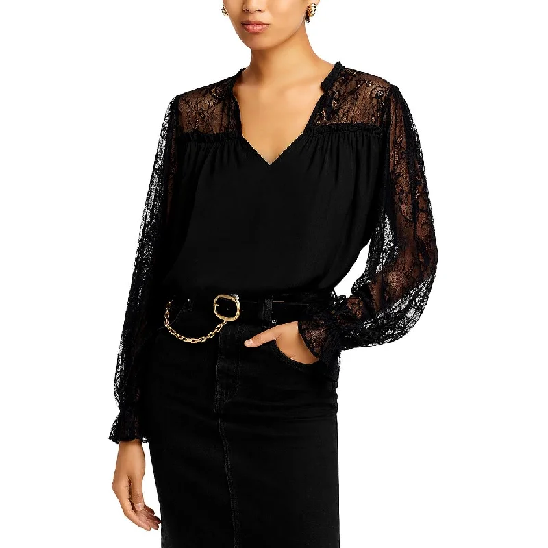 Aqua Womens Lace Trim Split Neck Blouse Pleated Collar Blouse
