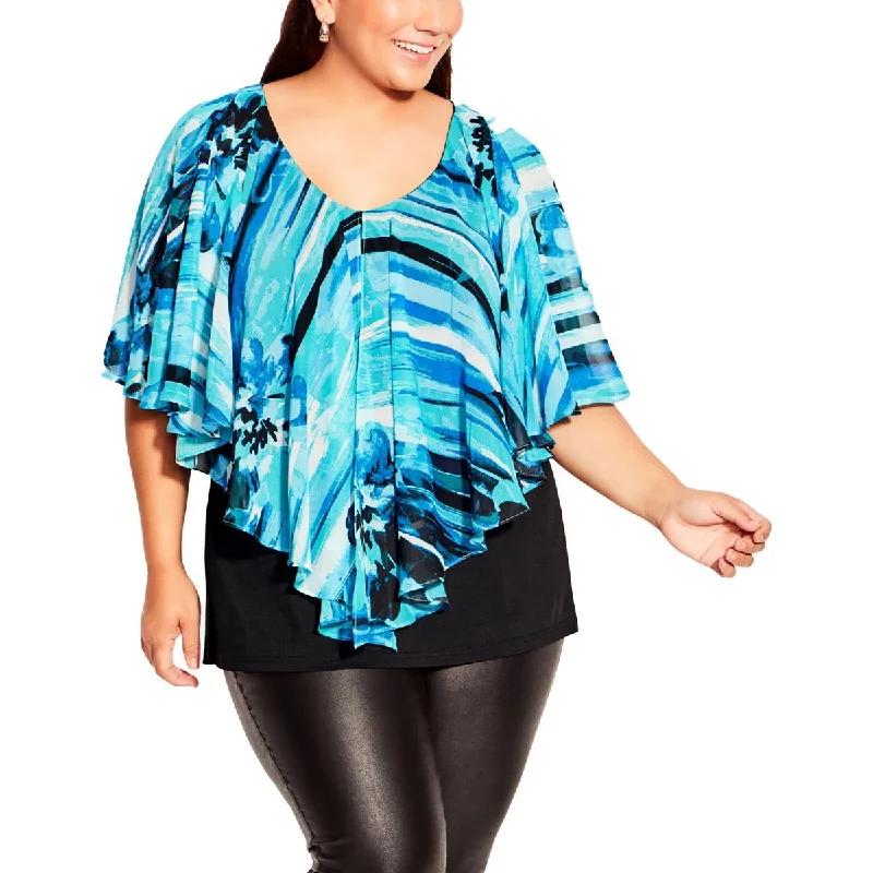 Avenue Studio Womens Plus Overlay V-Neck Blouse Mandarin Collar Blouse