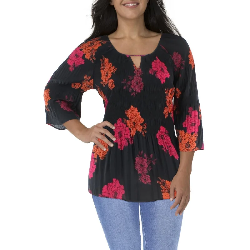 Avenue Womens Plus Floral Print Pleated Blouse Drape Neck Blouse