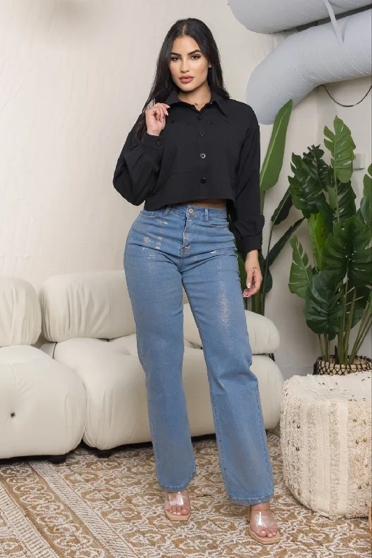 Balboa - Long Sleeve Cropped Blouse With Pockets - Black Elegant Embroidery Blouse