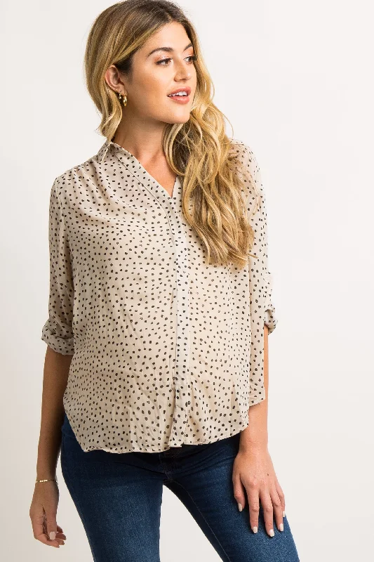 Beige Polka Dot Chiffon Maternity Blouse Chic Ruffle Blouse