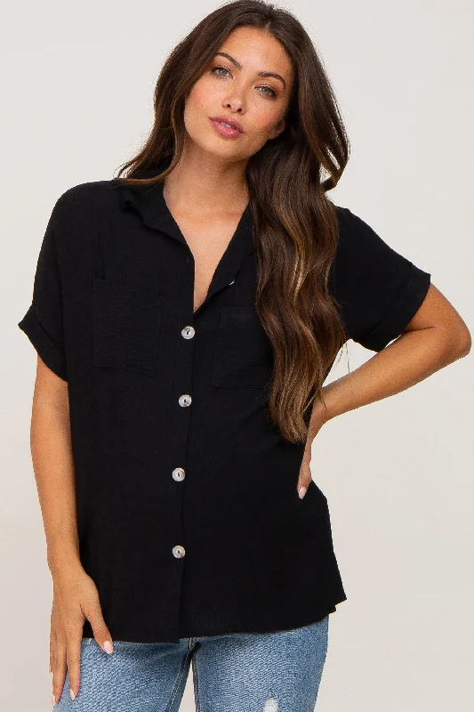 Black Collared Button-Down Short Sleeve Maternity Blouse Soft Modal Blouse
