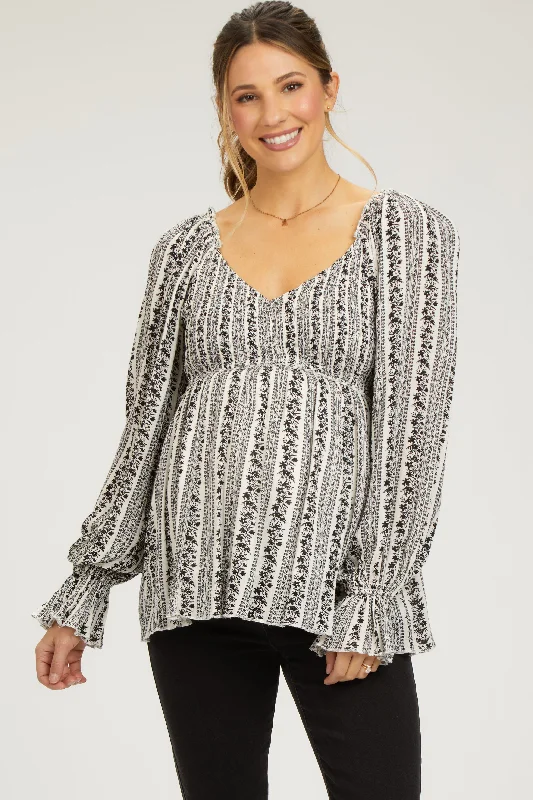 Black Floral Long Sleeve Maternity Blouse Elegant Peplum Blouse