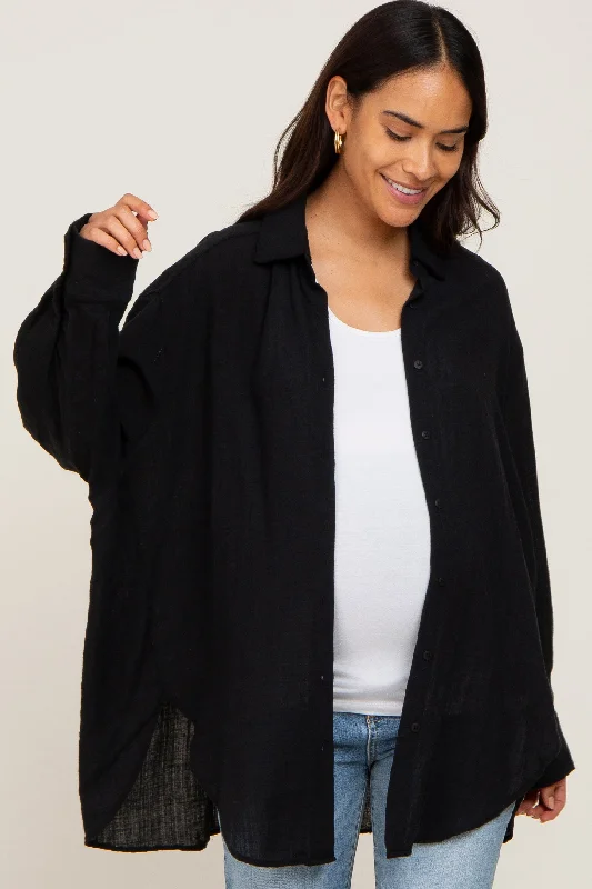 Black Lightweight Sheer Button Down Maternity Blouse Polished Work Blouse