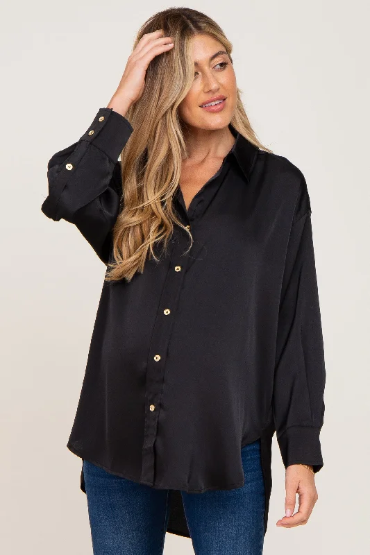 Black Satin Button Up Maternity Blouse Asymmetric Hem Blouse