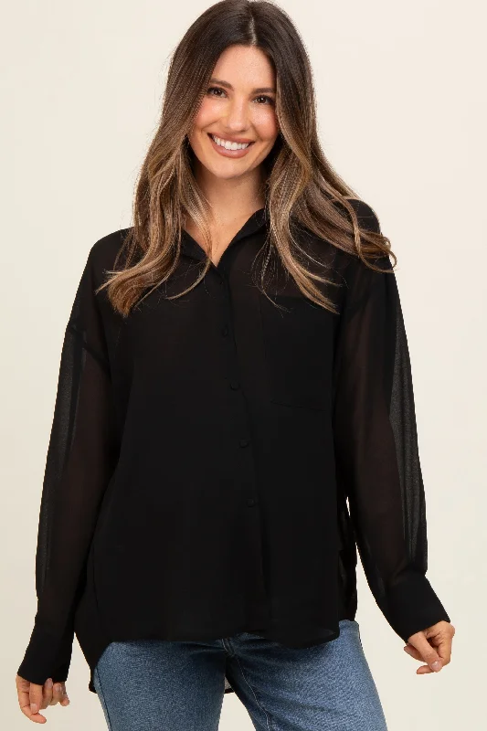 Black Sheer Button Down Maternity Blouse Versatile Layering Blouse