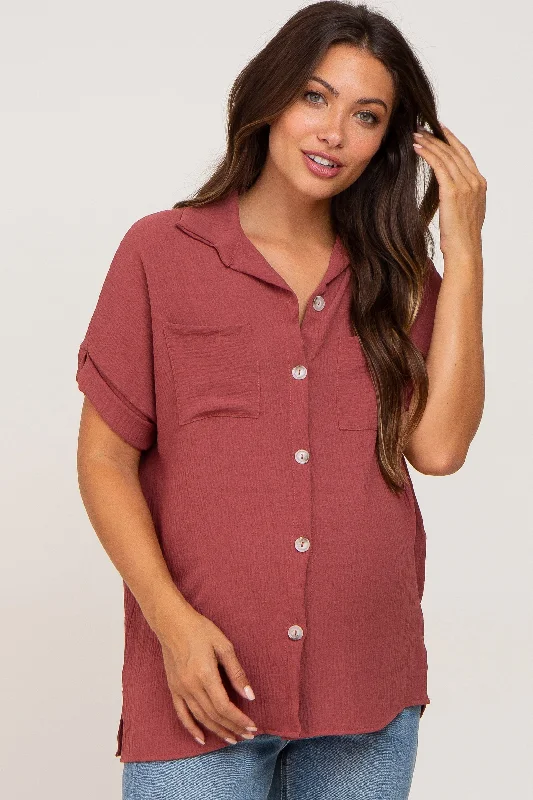 Burgundy Collared Button-Down Short Sleeve Maternity Blouse Smart Business Blouse