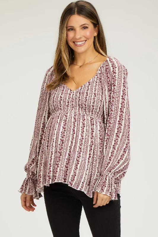 Burgundy Floral Long Sleeve Maternity Blouse Double Button Blouse