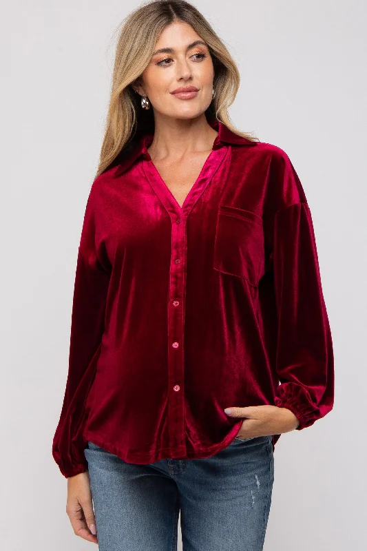 Burgundy Velvet Button Front Collared Maternity Blouse Business Casual Blouse