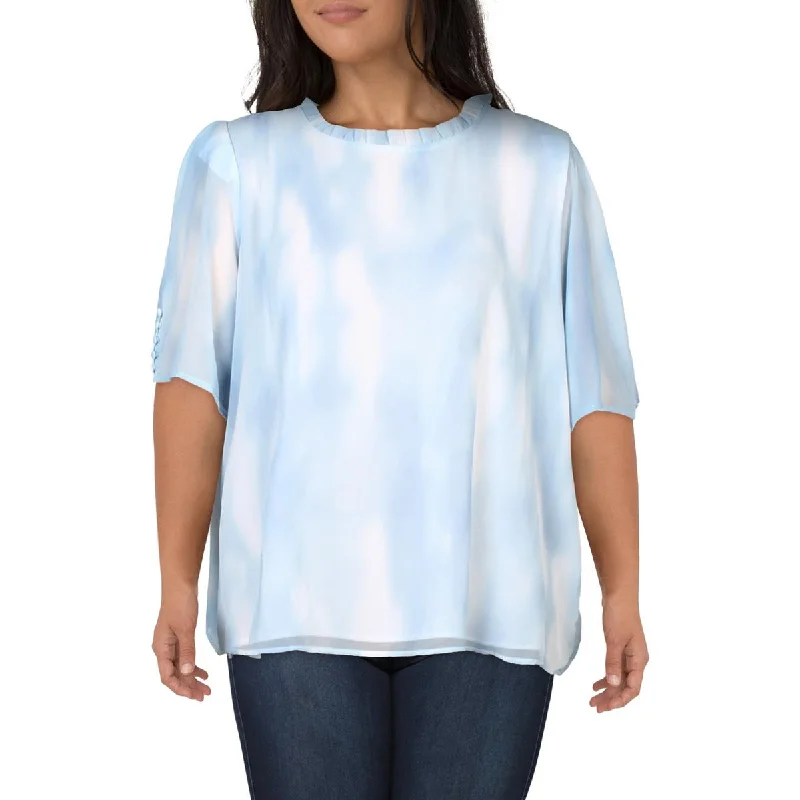 Calvin Klein Womens Plus Ruffled Trim Button Detail Blouse Classic Striped Blouse