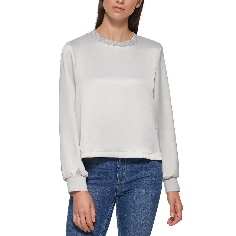 Calvin Klein Womens Satin Metallic Trim Blouse Classic White Blouse