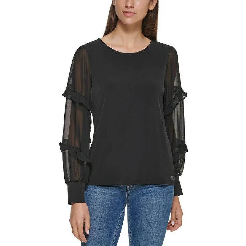 Calvin Klein Womens Solid Ruffle-Sleeve Blouse Airy Cotton Blouse