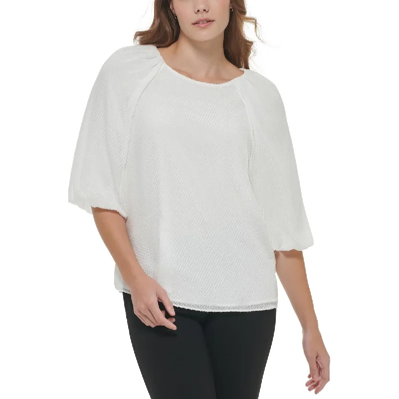Calvin Klein Womens Textured Puff Sleeve Blouse Everyday Stylish Blouse