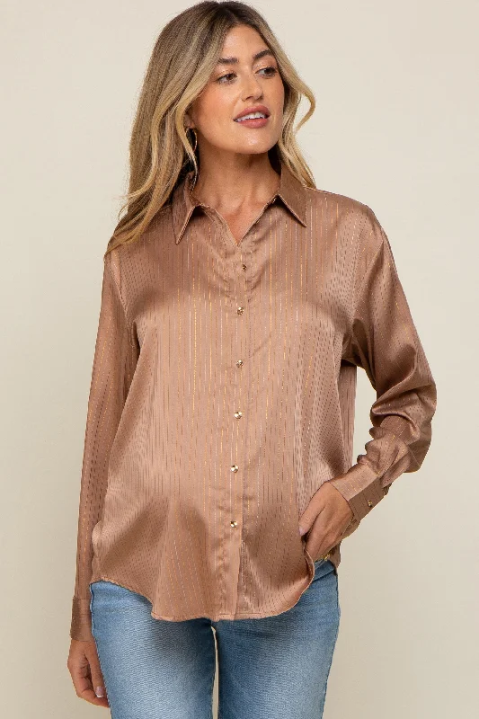 Camel Metallic Stripe Satin Maternity Long Sleeve Blouse Bell Sleeve Blouse