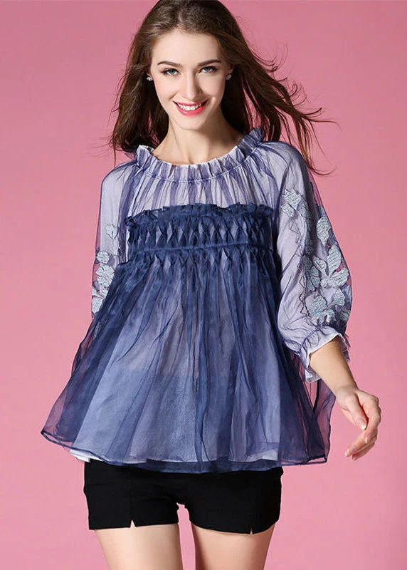 Casual Blue Embroideried Wrinkled Organza Blouses Half Sleeve Delicate Bow Blouse