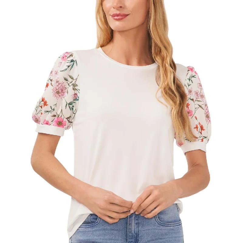 CeCe Womens Knit Mixed Media Blouse Collared Satin Blouse