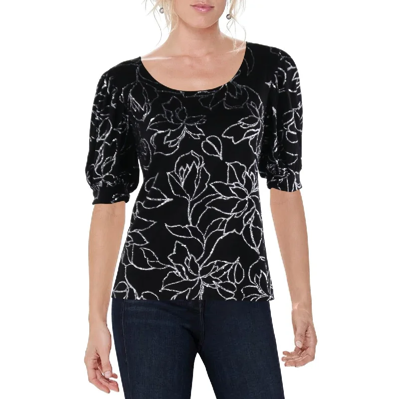 CeCe Womens Mesh Glitter Blouse Asymmetric Hem Blouse