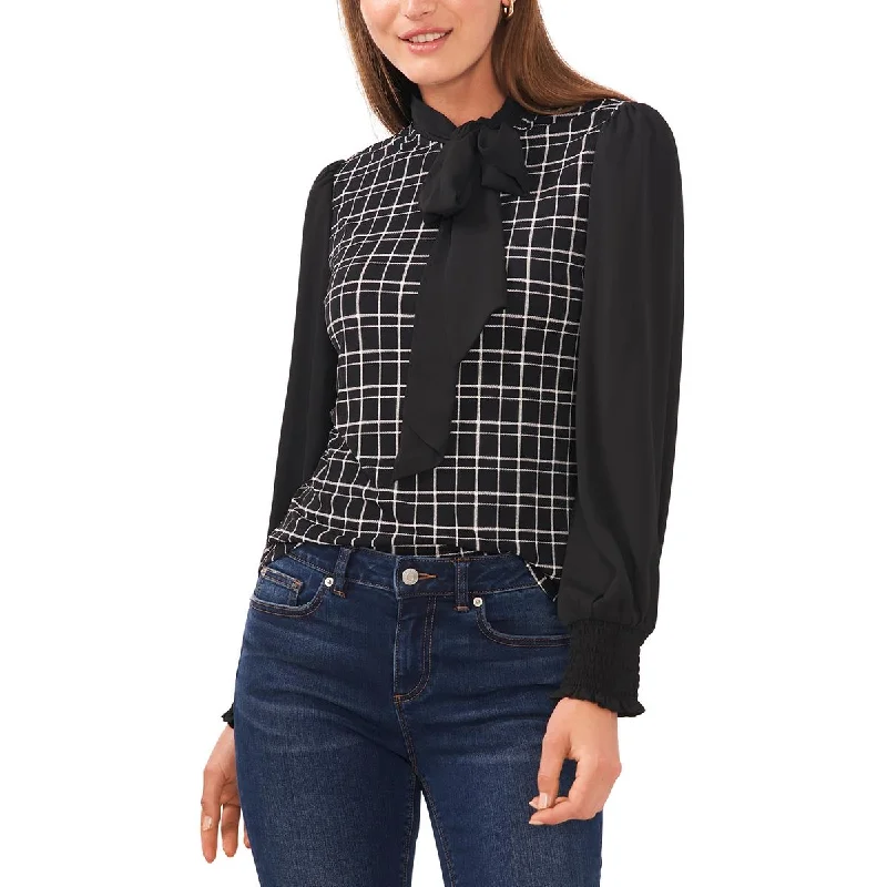 CeCe Womens Mixed Media Bow Blouse Double Button Blouse
