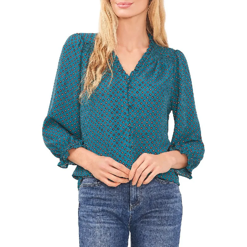CeCe Womens Ruffle Neck Floral Print Blouse Vintage Polka Blouse