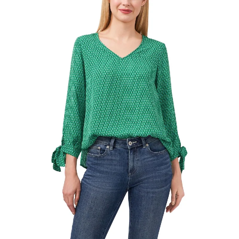 CeCe Womens V Neck Side Slit Blouse Collared Satin Blouse