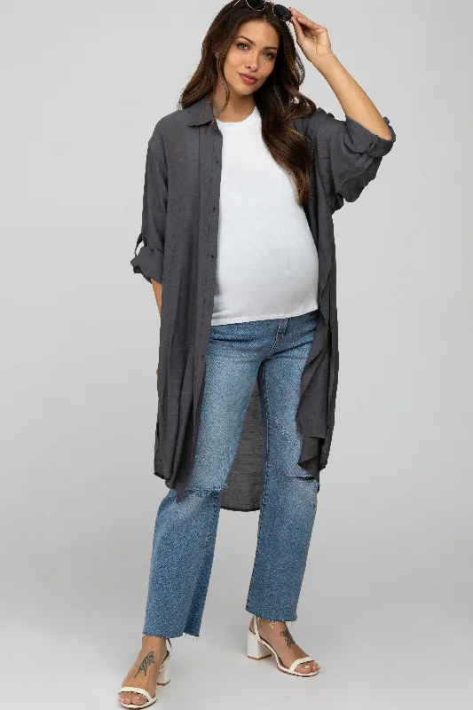 Charcoal Button Front Side Slit Oversized Maternity Blouse Lightweight Chiffon Blouse