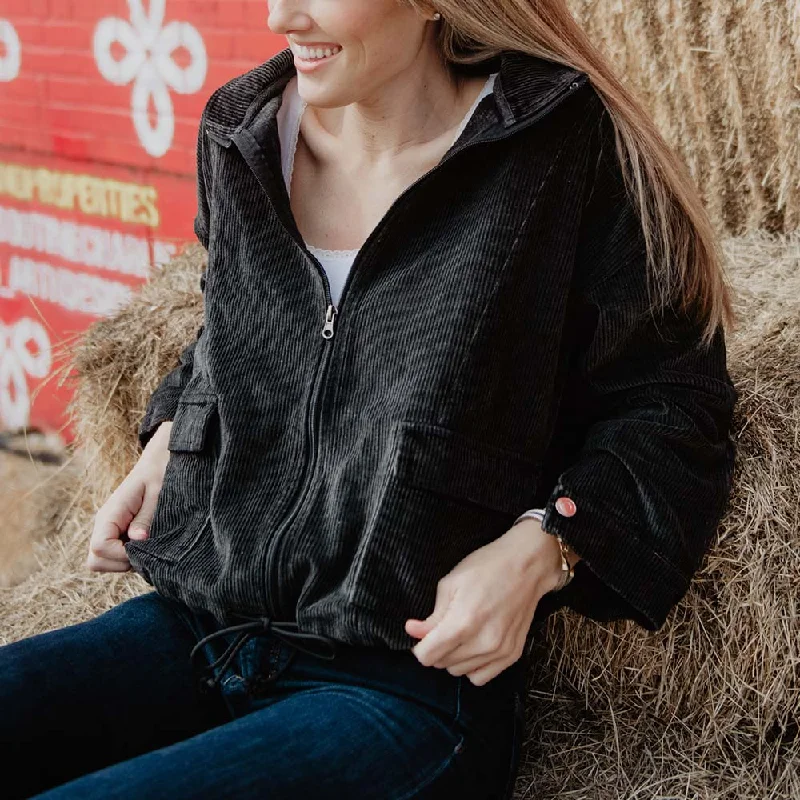 Charcoal Cropped CORDUROY Cinched Shacket Sheer Mesh Blouse