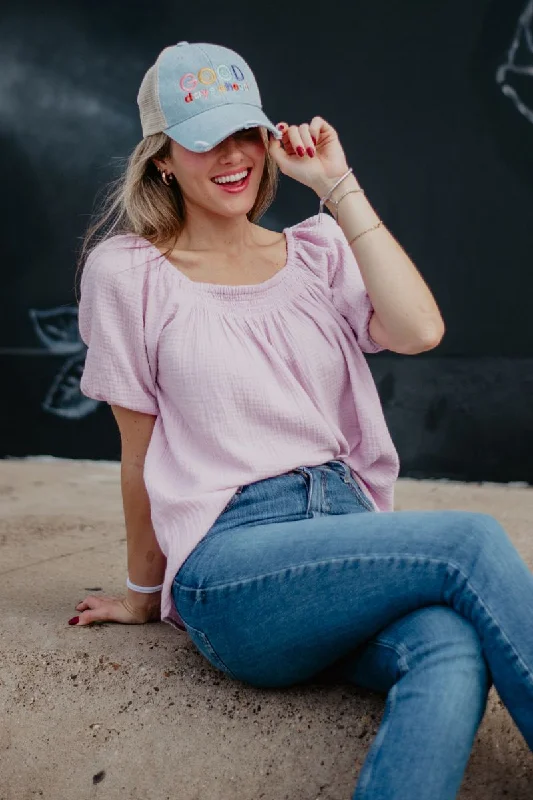 Cotton Gauze Puff Sleeve Blouse Silky Tunic Blouse