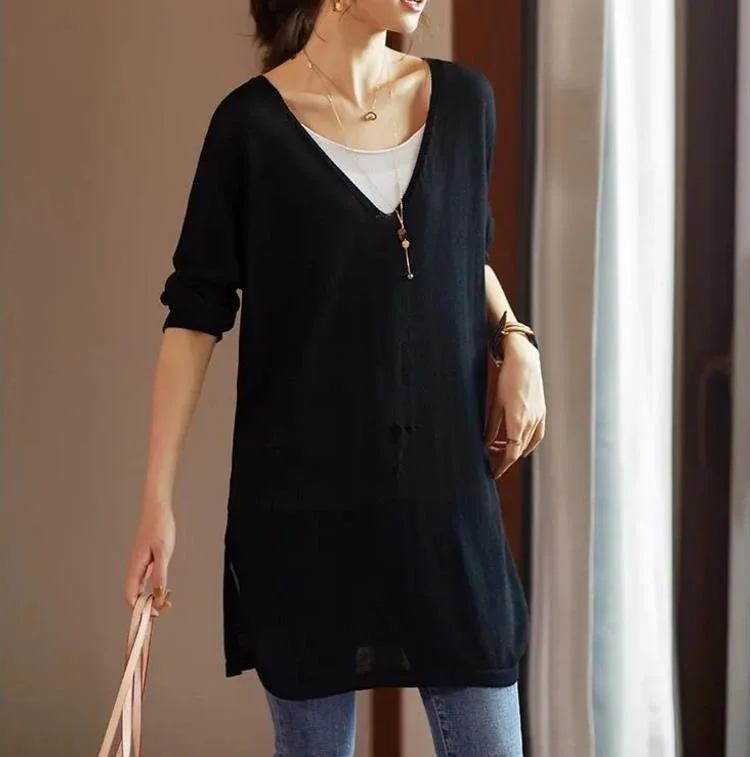 Cotton Plus Size Stitching Blouse Mid-length Loose T All-match Age Reduction Long-sleeved Autumn and Winter Women Wrap Front Blouse