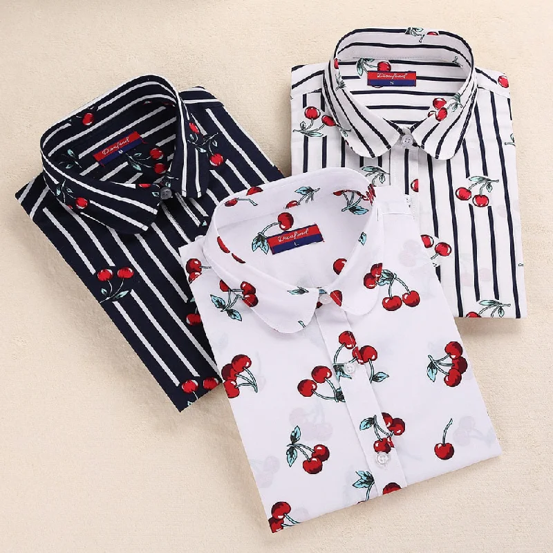 Dioufond Women Cherry Blouses Long Sleeve Shirt Turn Down Collar Floral Blouse Plus Size 5XL Women Vintage Cotton Shirt Satin Bow Blouse