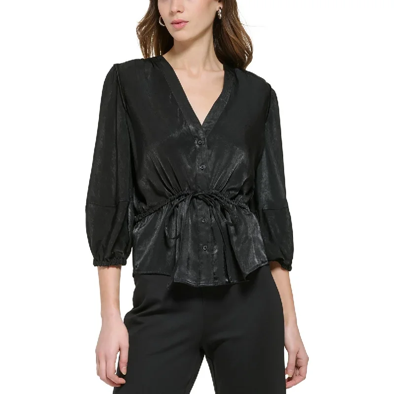 DKNY Womens Button Down Gathered Blouse Stretchy Fitted Blouse