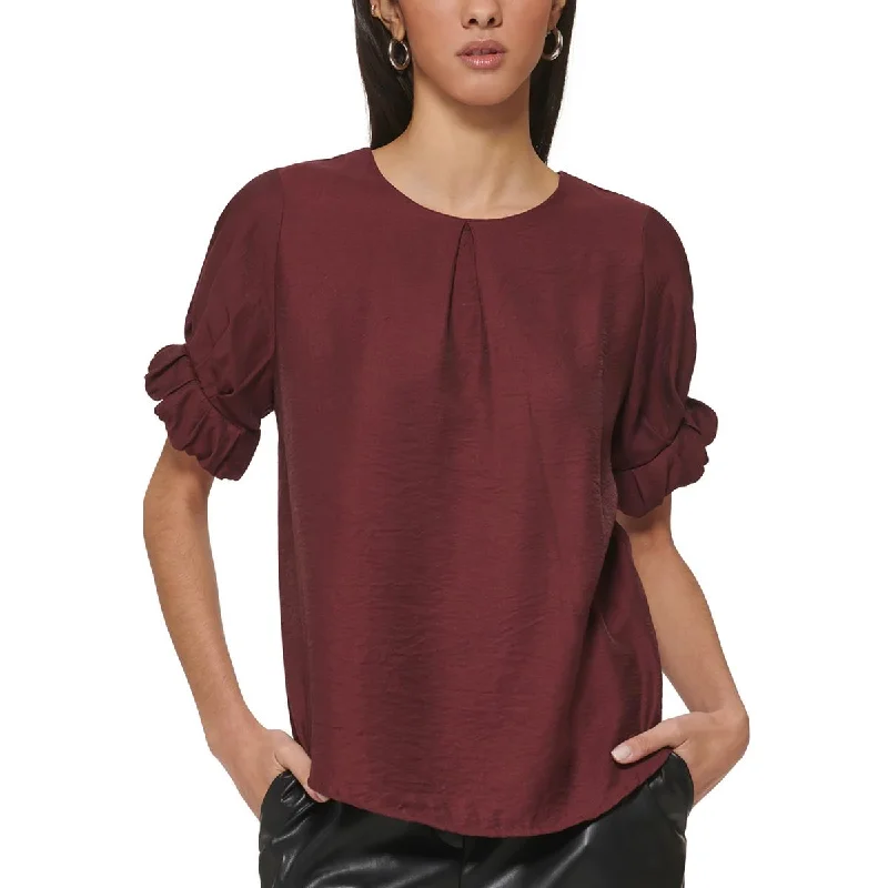 DKNY Womens Crinkle Puff Sleeves Blouse Soft Knit Blouse