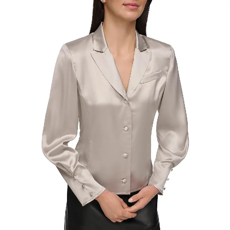 DKNY Womens Satin Tuxedo Blouse Playful Puff Blouse
