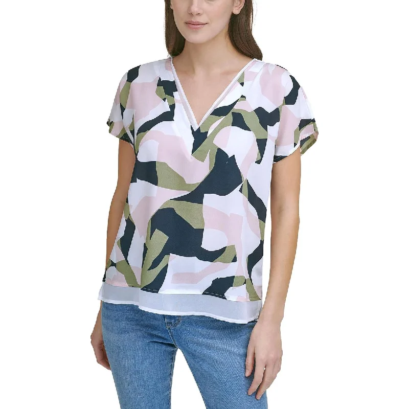 DKNY Womens V Neck Printed Blouse Off-Shoulder Wrap Blouse