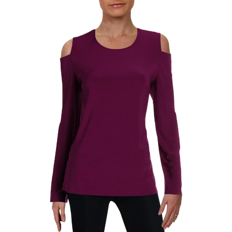 Donna Karan Womens Cold Shoulder Crewneck Blouse Short Sleeve Blouse