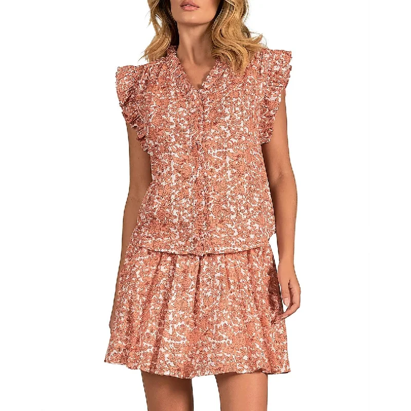 Elan Womens Ruffled Button-Down Blouse Silky Draped Blouse