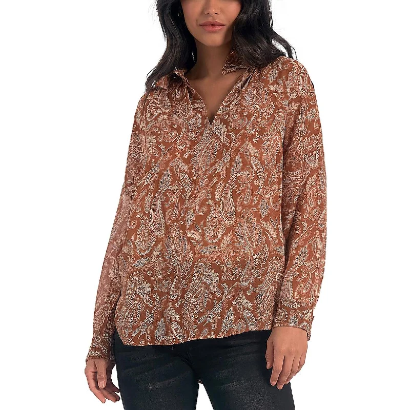 Elan Womens Smocked Paisley Blouse Floral Chiffon Blouse