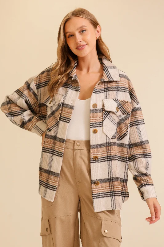 Fall Vibes Plaid Shacket - Taupe Black Sleeveless Chiffon Blouse