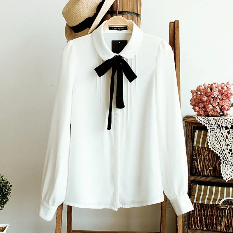 Fashion Women Elegant Bow Tie White Blouses Chiffon Casual Shirt Office Ladies Tops School Blusas Female Clothing new Sheer Mesh Blouse