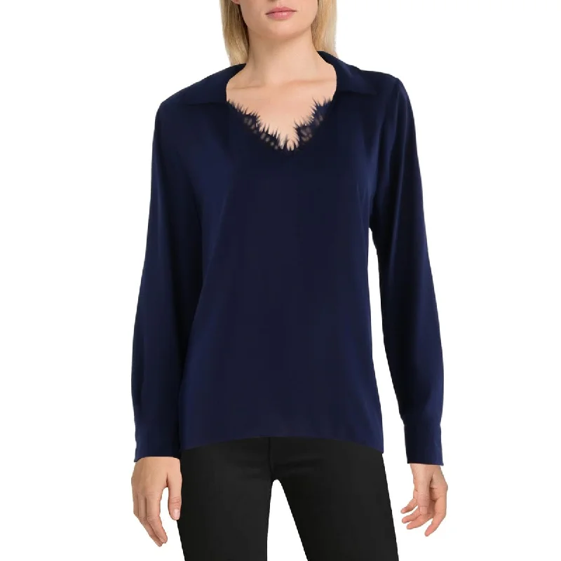 Fever Womens Lace Trim Collared Blouse Ruched Sleeve Blouse