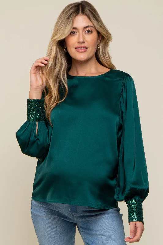 Forest Green Satin Sequin Cuff Maternity Blouse Chic Square Blouse