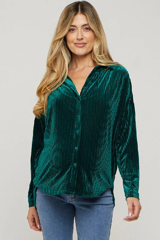 Forest Green Velvet Button Front Maternity Blouse Feminine Ruffle Blouse