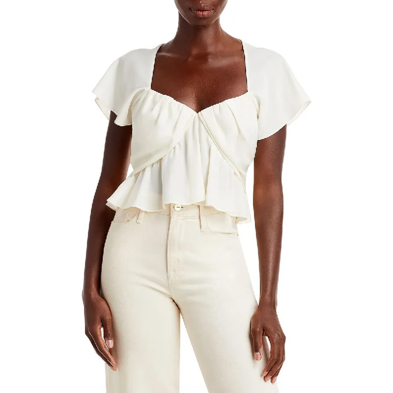 FRAME Womens Flounce Silk Shirred Blouse Everyday Stylish Blouse