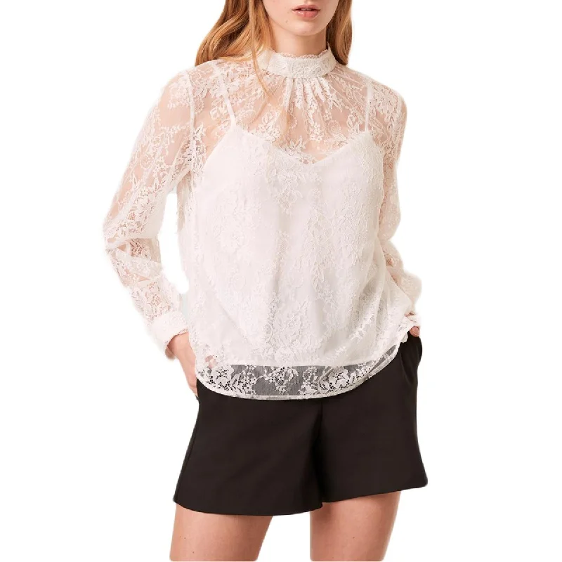 French Connection Womens Lace Sheer Blouse Boho Printed Blouse