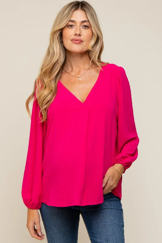 Fuchsia Long Puff Sleeve Maternity Blouse Top Casual Relaxed Blouse