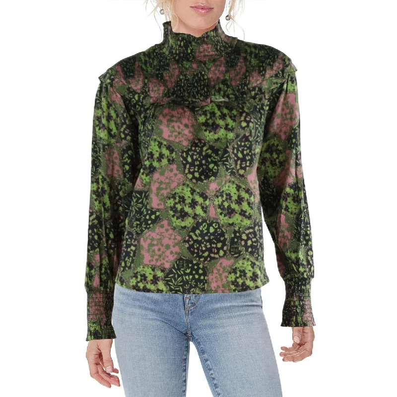 Gracia Womens Smocked Ruffled Blouse Chic Square Blouse