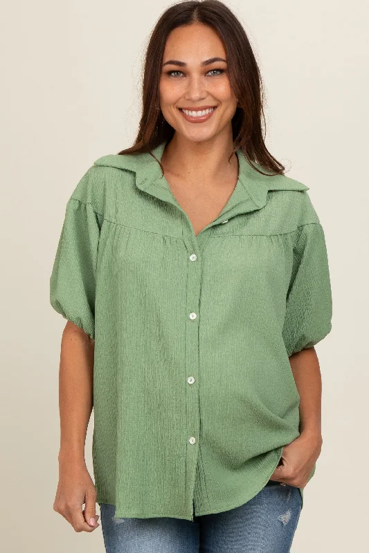 Green Collared Button Down Maternity Blouse Satin Long Blouse