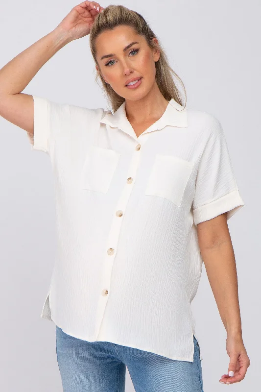 Ivory Collared Button-Down Short Sleeve Maternity Blouse Embroidered Cotton Blouse